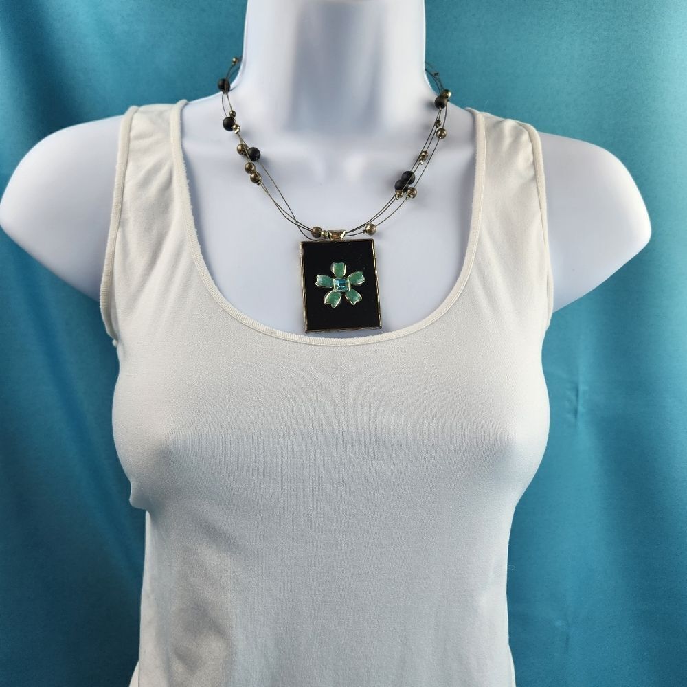 🔺️Black & Turquoise Square Floral Pendant on Beaded Triple Wire Strand Necklace